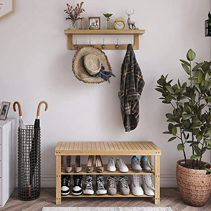 SMIBUY Coat Hooks with Shelf Wall-Mounted, 29.2 Inch Entryway Coat Rack for Wall, Bamboo Hanging Shelf with 5 Double Metal Hooks for Bathroom, Bedroom, Kitchen, Living Room, Mudroom (Natural) - color: Natural