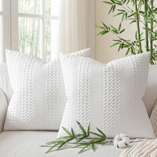 a moment 2 Pack Bamboo Fiber Pillow Covers - Waffle Weave, Ultra Soft & Breathable, Skin-Friendly Cotton Throw Pillow for Couch, Sofa, Bedroom Living Room 18x18 Inch White - color: White, size: 18" x 18" (Pack of 2)