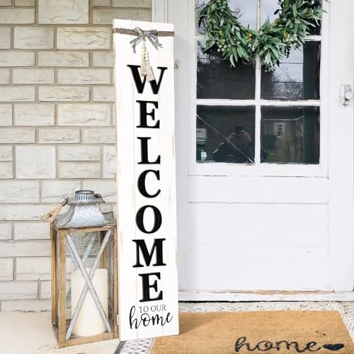 Large Vertical Welcome Sign for Front Door Porch, 47x10 Inch Solid Wood Farmhouse Porch Decor, 3D Raised Letters Rustic Welcome to Our Home Sign with Beads & Bow, No Assembly Required, Whitewashed - color: Whitewashed
