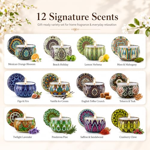 Scented Candles Gift Set, 12 Pack Soy Wax Aromatherapy Candles | 12 Scents, Gift Box Included, Travel Tin Design, Home Fragrance, Relaxation & Self Care, Birthday & Housewarming Gifts - color: Classic Candles-12 Pack