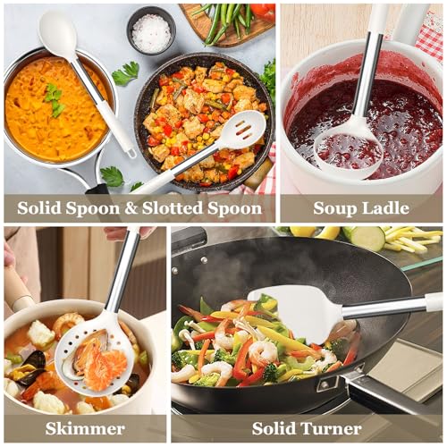 TeamFar Kitchen Utensils Set of 8, Silicone Utensils Kitchen Tools-White | Stainless Steel Handle, for Nonstick Cookware Cooking Stirring Turning, Food Grade & Heat Resistant, Dishwasher Safe - White - color: White