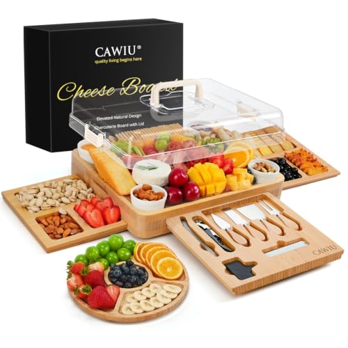 Large Bamboo Charcuterie Board Set with Lid, Drawers, Cream | Includes serving utensils and a fruit tray for easy entertaining; ideal for housewarmings, weddings and bridal showers. - color: Cream