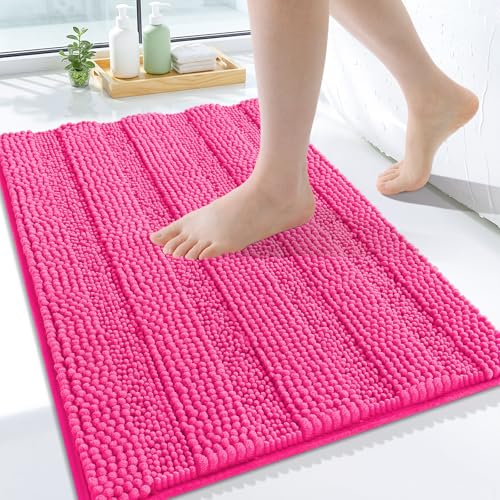 Grandaily Chenille Striped Bathroom Rugs 24x16, Extra Thick and Absorbent Bath Mats, Non-Slip Soft Plush Shaggy Shower Carpet, Machine Wash Dry, Bath Rug for Bathroom, (Small, Deep Pink) - color: Deep Pink, size: 24" X 16"