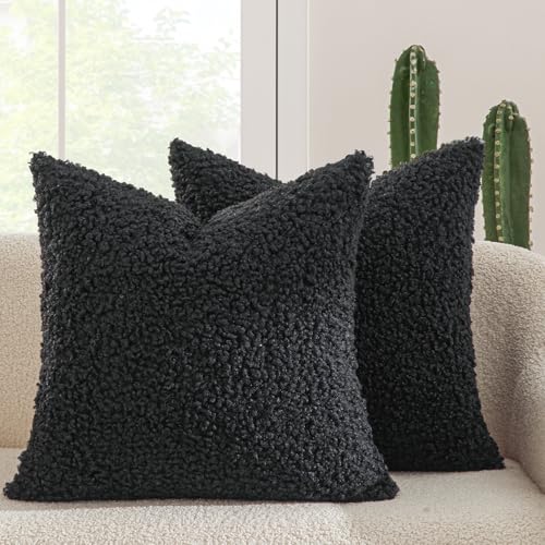 MIULEE Decorative Faux Fur Pillow Covers Sherpa 18x18 Black | Set of 2 Fuzzy Accent Couch Throw Pillows, Soft Sheepskin Fleece Pillowcases, Home Decor Sofa Livingroom Bed - color: Black, size: 18" x 18" (Pack of 2)