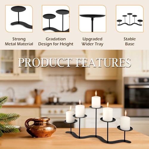 Wrought Iron 5-Arm Candle Stand, Heavy Duty S-Wave Pillar Holder | Black Metal Pillar Holder Stand, S-shaped Wave Base, for Outdoor Wedding Christmas Party, Tool-free Screw-in Design - color: S-5 Candles
