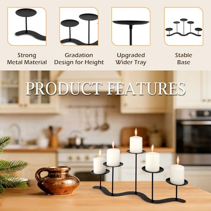 Wrought Iron 5-Arm Candle Stand, Heavy Duty S-Wave Pillar Holder | Black Metal Pillar Holder Stand, S-shaped Wave Base, for Outdoor Wedding Christmas Party, Tool-free Screw-in Design - color: S-5 Candles