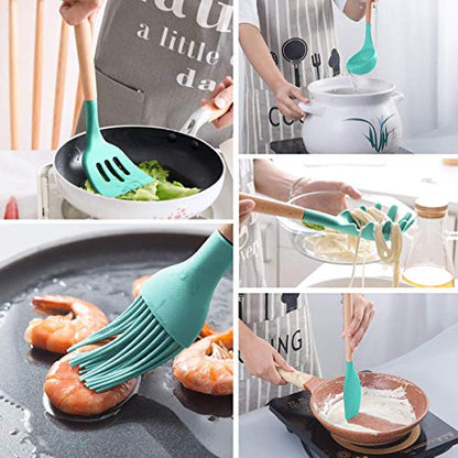 MIBOTE Silicone Cooking Kitchen Utensils Set, Wooden Handle, Teal | BPA-Free, Non-Toxic Silicone Turner, Tongs, Spatula, Spoon Set – Great for Nonstick Cookware, Heat-Resistant, Easy Clean - color: Green