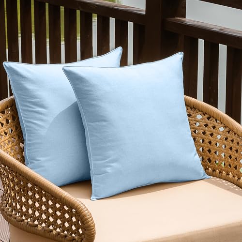 NiNi ALL Outdoor Waterproof Throw Pillow Covers Set of 2 Decorative Farmhouse Garden Pillowcase Solid Cushion Cases for Patio Tent Couch 18x18 inch Light Blue | Faux Linen Decorative Solid Throw Pillow Covers Farmhouse for Garden Furniture Tent Balcony Co