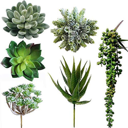 Winlyn 6 Pcs Unpotted Fake Succulents Assorted Faux Succulent in Different Green Artificial Hanging Succulents Textured Faux Succulent Pick Hanging String of Pearls Plant for Wedding Centerpieces
