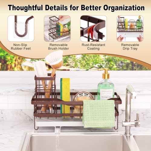 Sponge Holder for Kitchen Sink, Self-draining Sink Caddy with Towel Rack and Brush Holder, Metal Kitchen Countertop Organizers and Storage Essentials, Bronze - color: Bronze