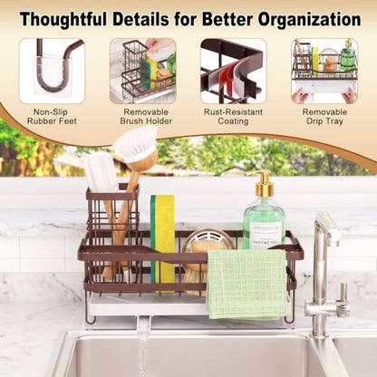 Sponge Holder for Kitchen Sink, Self-draining Sink Caddy with Towel Rack and Brush Holder, Metal Kitchen Countertop Organizers and Storage Essentials, Bronze - color: Bronze