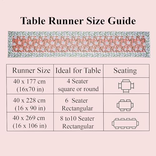 Dark Salmon Hand Block Print 100% Cotton Table Runner 16x106 Inch | Perfect for dining tables, buffets and celebrations, reusable, machine washable, Decorative Everyday Use, indoor & outdoor.