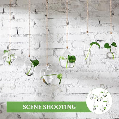 Zopeal 6 Set Wall Hanging Glass Planter Terrarium Propagation Station Vase Container Watering Squeeze Bottle with Rope and Hook for Hydroponic Plants Flower Home Decor Gifts (Classic Style)