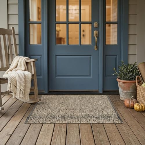 Small Bathroom Rug 2x3 Washable Natural Woven Entryway Rug Indoor | Low Profile Reversible Front Door Mat, Farmhouse Kitchen Mat Modern Carpet for Bedroom/Porch/Back Door Decor - color: Natural/Black, size: 2' x 3' (Rectangular)
