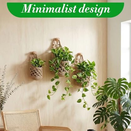 6 Pcs Macrame Hanging Planter Set - 3 Small (5.3"x9") & 3 Mini (4.3"x7.9") Boho Wall Mounted Cotton Baskets for Indoor Plants, Linen Color, Plants & Pots Not Included