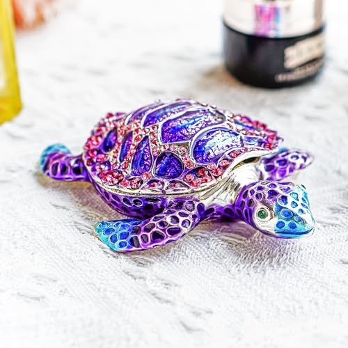 YU FENG 4.3 Inch Purple Sea Turtle Trinket Box, Crystal Jewelry Box | Hand-Painted Enamel Finish, Sparkling Crystal Shell, Hinged Ring Holder, Ocean Animal Collectible, Gift for Women - color: purple
