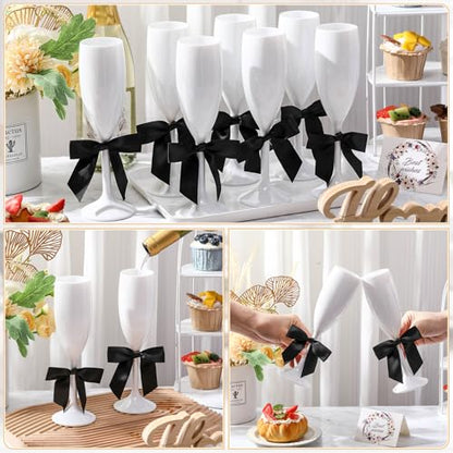 Zopeal Plastic Reusable Champagne Flute Glasses 6 oz and 50 Pcs Bow Set Acrylic Wedding Toasting Goblet 3.5" Bow Unbreakable Wine Cup for Bachelorette Bridal Shower Party(White and Black) - color: White/Black