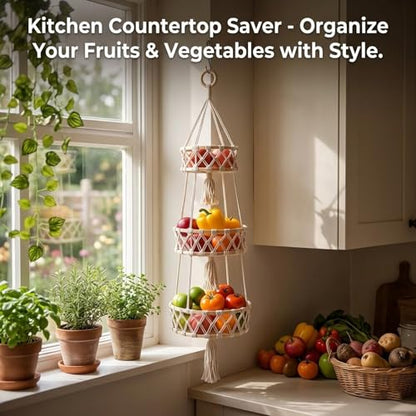 2 Pack Cotton Rope Hanging Fruit Basket - 3 Tier Storage Organizer for Kitchen, Macrame Plant Hanger, Decorative Boho Style Produce Holder with Hooks and Screws for Plants, Vegetable, Onion, Potato