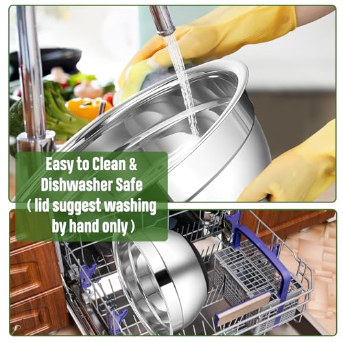ShineMe Stainless Steel Salad Bowl with Lid, Extra Large Metal Bowl with Serving Utensils for Preparing, Mixing, Marinating, and Serving with Anti-slip Bottom, Unbreakable Kitchen Bowls 7QT - color: Silver