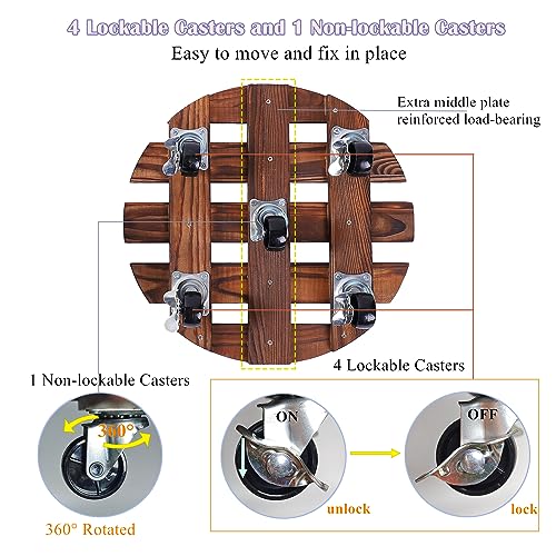2 Pack Plant Caddy with 5 Wheels, 14" + 12" Rolling Plant Stand 220 LB Heavy Duty Wooden Round Plant Dolly with Metal 360° Lockable Caster Wheels for Outdoor Indoor Large Plant Pots, Flower Pot, Patio - size: 14"+12"