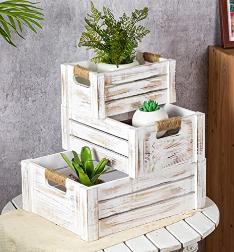 TIMRIS Set of 3 Rustic Wood Nesting Crates, Farmhouse Wooden Storage Container Boxes with Cutout Handles, Decorative Wooden Baskets for Display (Whitewash) - color: Whitewash