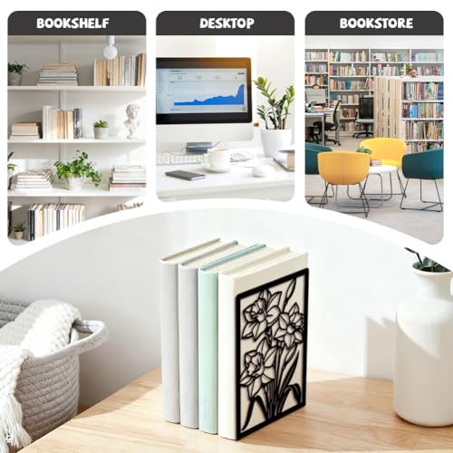 5.3"x4.3"x7.9" Metal Bookends, Heavy Duty Book Ends for Shelves | Daffodils Theme Cast Iron Book Supports, 1 Pair Decor Stoppers for Desk, Library, Office & Home Shelves - style: Daffodils