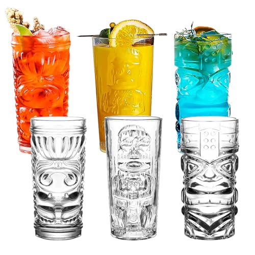 Tiki Glasses Set of 6 - 14 Oz Highball Glasses for Cocktails - Modern Clear Tropical Cups Tumbler Set - Mixed Drinking Glass for Hawaiian Bar Island Party Beverages Iced Tea
