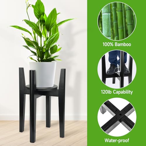 Adjustable Plant Stand with Tray,Indoor Wood Plant Stand Fit 8'' to 12'' Planter,Mid Century Modern Flower Pot Holder Rack(Plant and Pot Not Included),Black - color: Black, size: 1 PACK