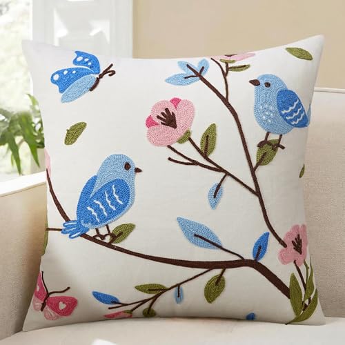 Merrycolor Embroidered Bird Pillow Covers18x18 Inch Decorative Throw Pillow Cover with Zipper Animal and Flower Aesthetic Design Bohemian Couch Pillowcases for Spring/Summer Sofa Bed Room Decor - color: Pink and Blue