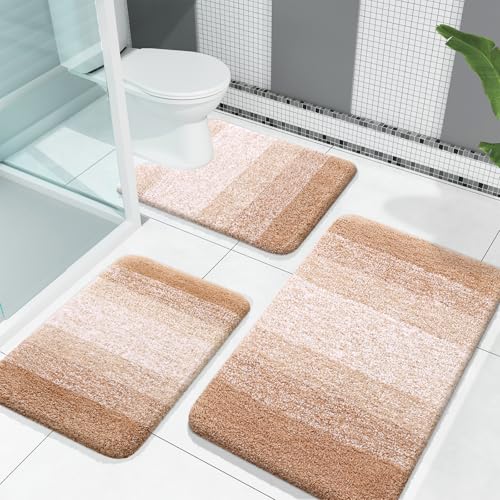 OLANLY Microfiber Bathroom Rugs Sets 3 Piece, 30"x20"+24"x16"+24"x20" | Beige, Soft Absorbent Bath Mats and U-Shaped Contour Toilet Rug, Machine Wash Dry, Plush Shaggy Bath Mat Set for Bathroom - color: Beige, size: 30" X 20" + 24" X 16" + U24" X 20"