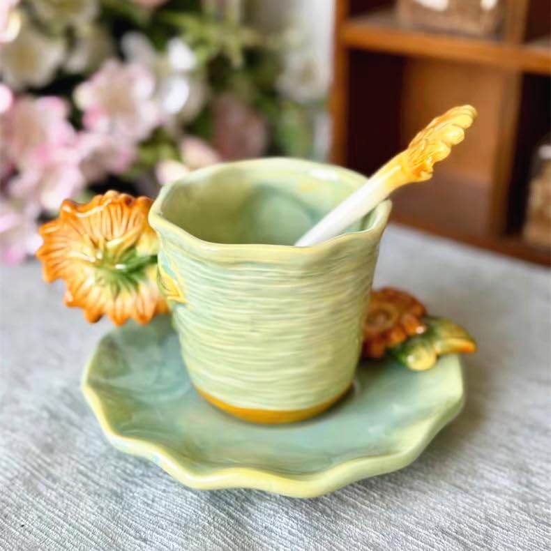 Ceramic Sunflower Coffee Mug and Saucer set with Spoon,3D Handmade and Hand-painted Tea Mug, 6OZ