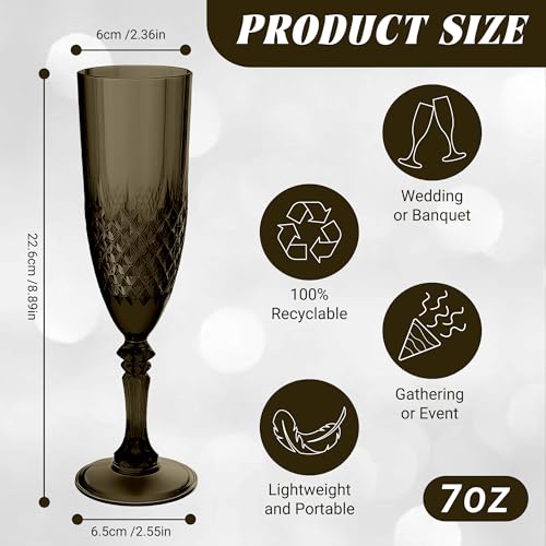12 Pack Plastic Champagne Flutes, Black Reusable Champagne Glass | Unbreakable Hard Plastic Mimosa Cups Bulk with Stem, Fancy Stemware for Wedding, Party & NYE Celebration - color: Black