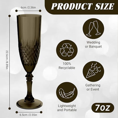 12 Pack Plastic Champagne Flutes, Black Reusable Champagne Glass | Unbreakable Hard Plastic Mimosa Cups Bulk with Stem, Fancy Stemware for Wedding, Party & NYE Celebration - color: Black