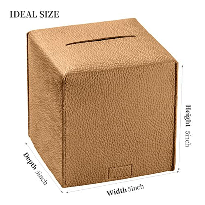 REGELETO Square Tissue Box Cover, Pu Leather Tissue Box Holder with Bottom Belt Modern Stylish Tissue Box Organizer for Bathroom, Bedroom, Hotel, Office Desk 5"X5"X5" - color: Single-camel