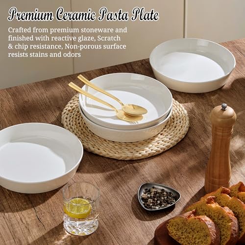 E-far Pasta Bowls, 34oz Stoneware Bowl Plate for Dinner Serving Soup Salad, Wide & Shallow Large Ceramic Pasta Plate Set of 4, Microwave & Dishwasher Safe, Speckled White, 8.7” - color: Speckled White