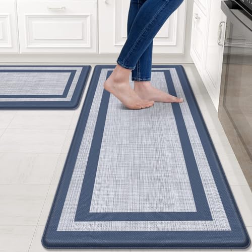 Mattitude Kitchen Mats Set of 2,Cushioned Anti-Fatigue Non-Skid Rug Sets | Ergonomic Comfort PVC Kitchen Mats for Floor,Standing Mat for Kitchen,Floor,Office,Sink,Laundry, Blue Frame - color: Blue Frame, size: 17.3" x 47 "+ 17.3" x 29 "--0.40 inches