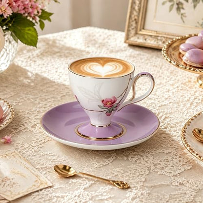 KAMMAK Tea Cups Set of 2,Ceramic Floral Pattern Demitasse Cup | Porcelain Espresso Cup with Saucer, 8.45 oz Handmade Elegant Bone China Tea Cups for Latte, Americano, Cappuccino - color: Water Lily & Winter sweet