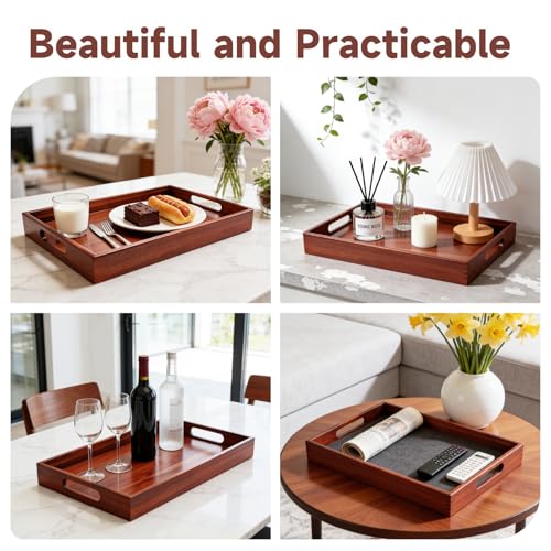 17 x 12 Inch Acacia Wood Large Serving Tray with Handles | Multi-use Tray for Coffee Table, Ottoman, Bed Breakfast, Included Free Leather Mat