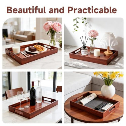 17 x 12 Inch Acacia Wood Large Serving Tray with Handles | Multi-use Tray for Coffee Table, Ottoman, Bed Breakfast, Included Free Leather Mat