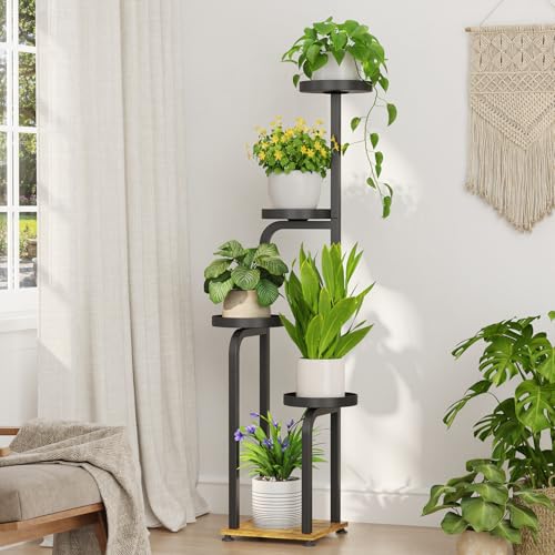 iDavosic.ly Tall Plant Stand Indoor, Corner Tiered Metal Trays, Black Brown | 4 Tier Multiple Flower Holder Shelf, Space Saving Display Rack for Living Room Balcony Patio Porch Outdoor, 47 Inch High - color: Black