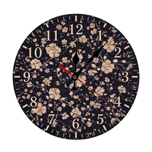 Floral Pattern on Dark Background Round Wooden Wall Clock, Silent Non-Ticking Battery Operated Decorative Wall Clock for Living Room, Bedroom, Kitchen, Office, Farmhouse Home Decor - color: Color548, size: 9.8x9.8in
