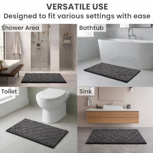 C23 20"x32" 100% Cotton Washable Bath Mat - 210 GSF Non-Slip Rug, Grey | Cushioned spa texture, reliable latex base grip, modern geometric aesthetic, perfect for master baths and guest rooms - color: Grey