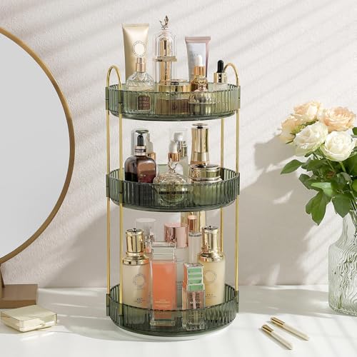 Aveniee Rotating Makeup Organizer for Vanity, Perfume Skin Care Organizers Large, Bathroom Counter Make Up Cosmetic Storage, Clear Spinning Skincare Lipstick Holder,3 Tiers, Green - color: Gem Green, size: Standard-3 Tier