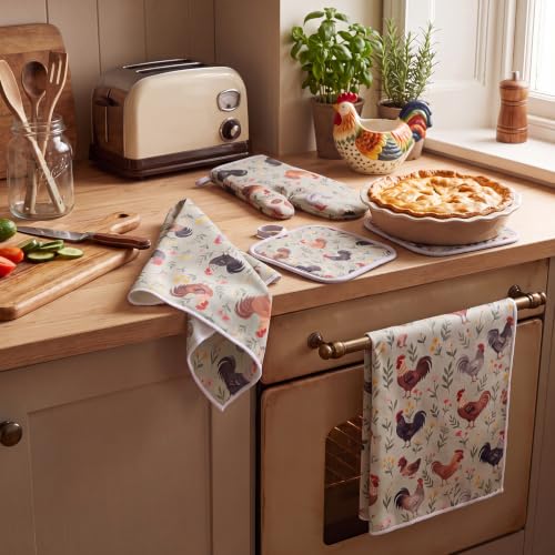 Frienda 6 Pcs Rooster Kitchen Towels Oven Mitts and Pot Holders Set | Farmhouse Kitchen Decor Dish Towels Pot Holders for Christmas Mom Her Lady Owner Baking Accessories Stuff Gifts - style: Farmhouse Chicken