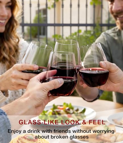 OJA Unbreakable Tritan Plastic Stemless Wine Glasses,16 oz,Set of 6,Outdoor | Shatterproof Wine Glass, Clear, BPA-free, Reusable, Dishwasher-Safe, Drinking Glassware for Poolside, Camping, Party