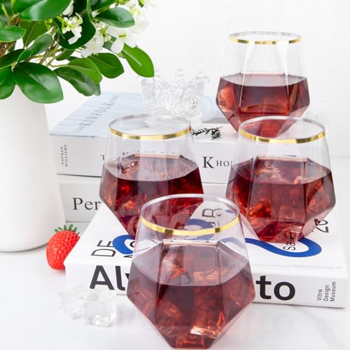LUODA Gold Diamond Shaped Plastic Stemless Wine Glasses Set of 24, Disposable 12 Oz Gold Plastic Whiskey Glasses for Birthday, Housewarming and Weddings - color: Gold, size: 24 Count