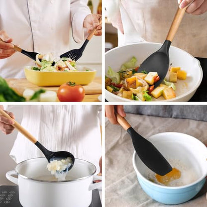 Silicone Kitchen Utensils Set of 6, Cooking Utensils Set with Heat Resistant Wooden Handle, Nonstick Silicone Spatula Spoon Turner Ladle, Cooking Kitchen Gadget for Cookware & Baking BPA FREE - color: Black, size: Standard 6-Piece Set