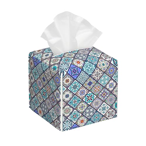 Square Tissue Box Cover Vintage Ceramic Tiles Tissue Box Holder Facial Cube Paper Dispenser Leather Decorative Organizer Home Office Desk Decor, 5.2"x5.2"x5.2" - color: Vintage Ceramic Tiles