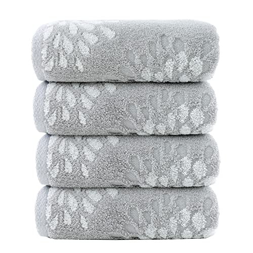 Hand Towels Set of 4 Hydrangea Floral Pattern 100% Cotton Absorbent Soft Decorative Towel for Bathroom (Light Grey) - color: 4 Light Grey