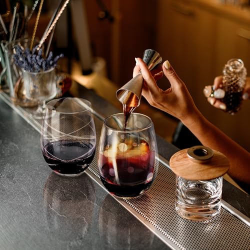 Joeyan Hand Blown Etched Stemless Wine Glasses with Dots Swirls Pattern for Red Wine,Large Carved Drinking Glass Cups Tumblers for Wedding Anniversary Party Home,Set of 2, 17.5 oz, Dishwasher Safe - color: Etched Dots Swirls Patterned